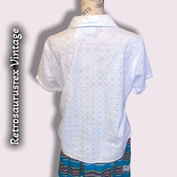 VINTAGE rockabilly white eyelet lace collared button up shirt, 12P large - Picture 3 of 5